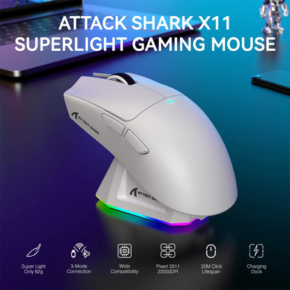 ATTACK SHARK X11 lätt trådlös gamingmus med RGB-bakgrundsbelyst laddning, upp till 22K DPI, optisk PAW3311-sensor, HUYU-brytare