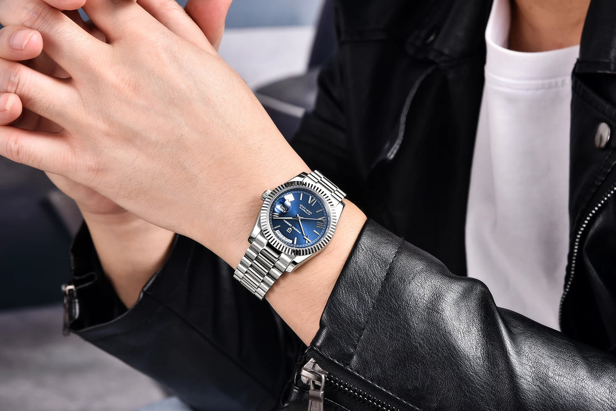 PAGANI DESIGN Luxe herenhorloge met saffierglas, lichtgevende wijzers, roestvrij staal, week- en datumweergave, mechanisch, waterdicht, ST16 herenhorloge