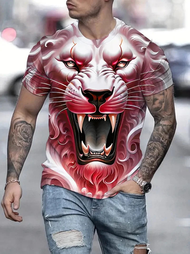 3D Plus Size Ανδρικά T-shirt με τύπωμα λιονταριού, καλοκαιρινά κοντομάνικα T-shirt με στρογγυλό λαιμό για άνδρες, Νέα σειρά με ζωικά μοτίβα λιονταριού, T-shirt και μπλούζες