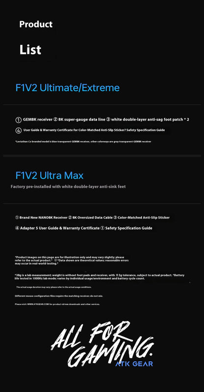ATK F1 V2 Ultra MAX геймърска мишка, безжична, три режима, PAW3950, двойно 8k, лека ергономична eSports мишка, персонализиран PC аксесоар