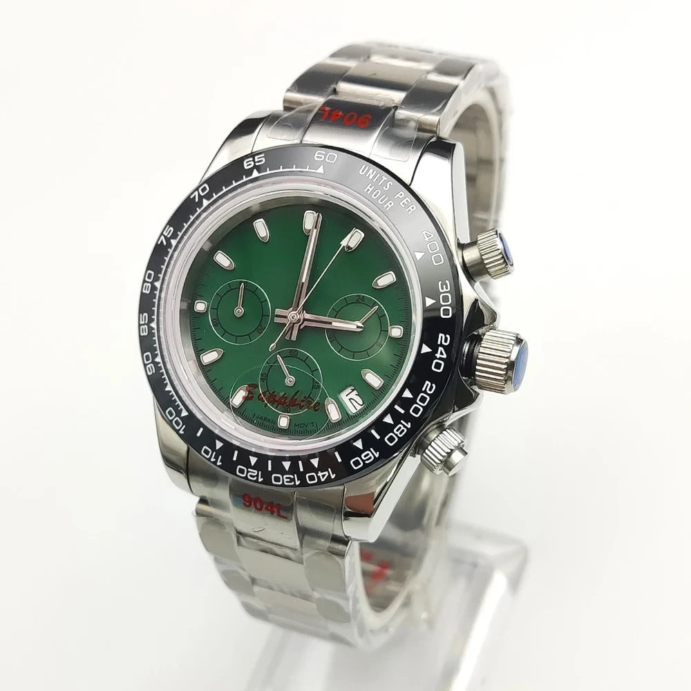 20 Color Business 39mm Quartz Watch Men's Timing Sapphire Crystal VK63 Movement Calendar Luminous Blue Dial Stainless Steel Strap