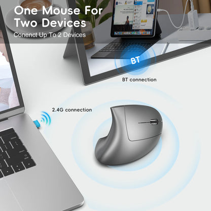 Dual Mode Wireless Vertical Mouse Bluetooth 5.1 Silent Ergonomic Mouse with 6 Buttons, Rechargeable Type-C 2400 DPI Vertical Mouse for Office Laptop PC
