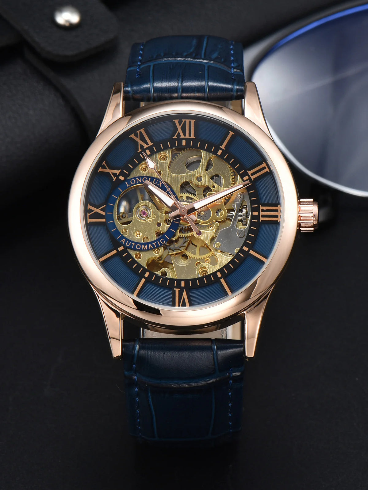 Men’s automatic watch, luxury style, Roman numeral dial, open-worked (skeletonised) movement, water-resistant, luminescent hands, leather strap – An ideal choice as a gift.