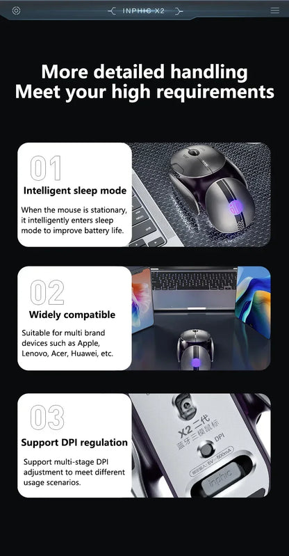 Mouse wireless Bluetooth in metallo Inphic X2 tri-mode, silenzioso, ricaricabile, e-sport, retroilluminato, per gaming, PC e laptop, idea regalo