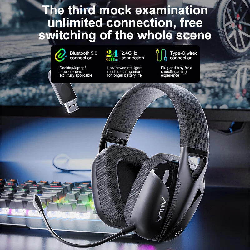 AULA S8 Gaming Headset Triple-Mode Wireless Bluetooth 5.3 Gaming Headset with Detachable Microphone, Lightweight Gaming Headset for PC, PS5, Switch & Mobile