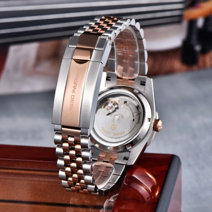 PAGANI DESIGN Luxe herenhorloge met saffierglas, lichtgevende wijzers, roestvrij staal, week- en datumweergave, mechanisch, waterdicht, ST16 herenhorloge