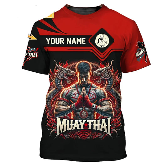Tricou grafic Muay Thai nou și modern pentru bărbați, cu imprimeu 3D tigru și dragon, design expresiv și nume personalizat, tricou de vară pentru sală și fitness
