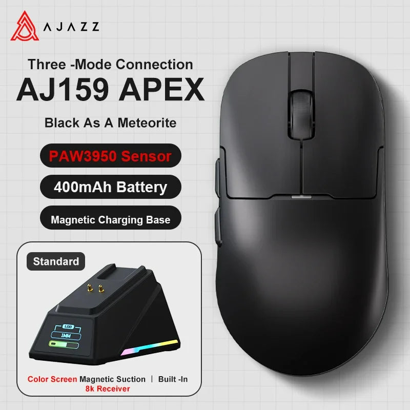 Ajazz AJ159 PRO/APEX Gaming Mouse 8000Hz Wireless Bluetooth Gaming Mouse with PAW3950 Sensor, 42K DPI, Magnetic Charging Dock & Color Display