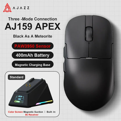 Ajazz AJ159 PRO/APEX Gaming Mouse 8000Hz Wireless Bluetooth Gaming Mouse with PAW3950 Sensor, 42K DPI, Magnetic Charging Dock & Color Display