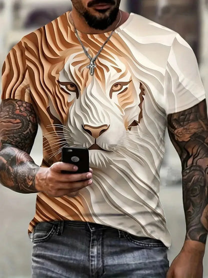 3D Plus Size Ανδρικά T-shirt με τύπωμα λιονταριού, καλοκαιρινά κοντομάνικα T-shirt με στρογγυλό λαιμό για άνδρες, Νέα σειρά με ζωικά μοτίβα λιονταριού, T-shirt και μπλούζες