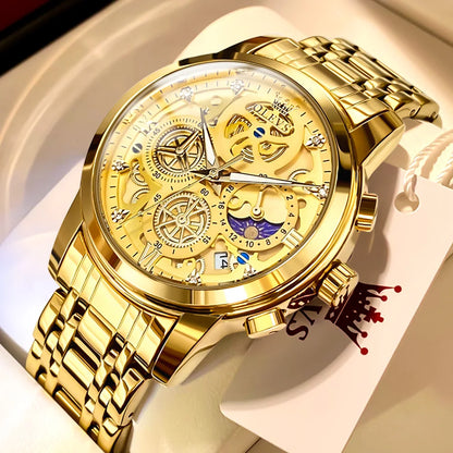 Montre pour homme OLEVS – Modèle de luxe, étanche, à quartz, style squelette, affichage 24 heures (jour/nuit), coloris doré