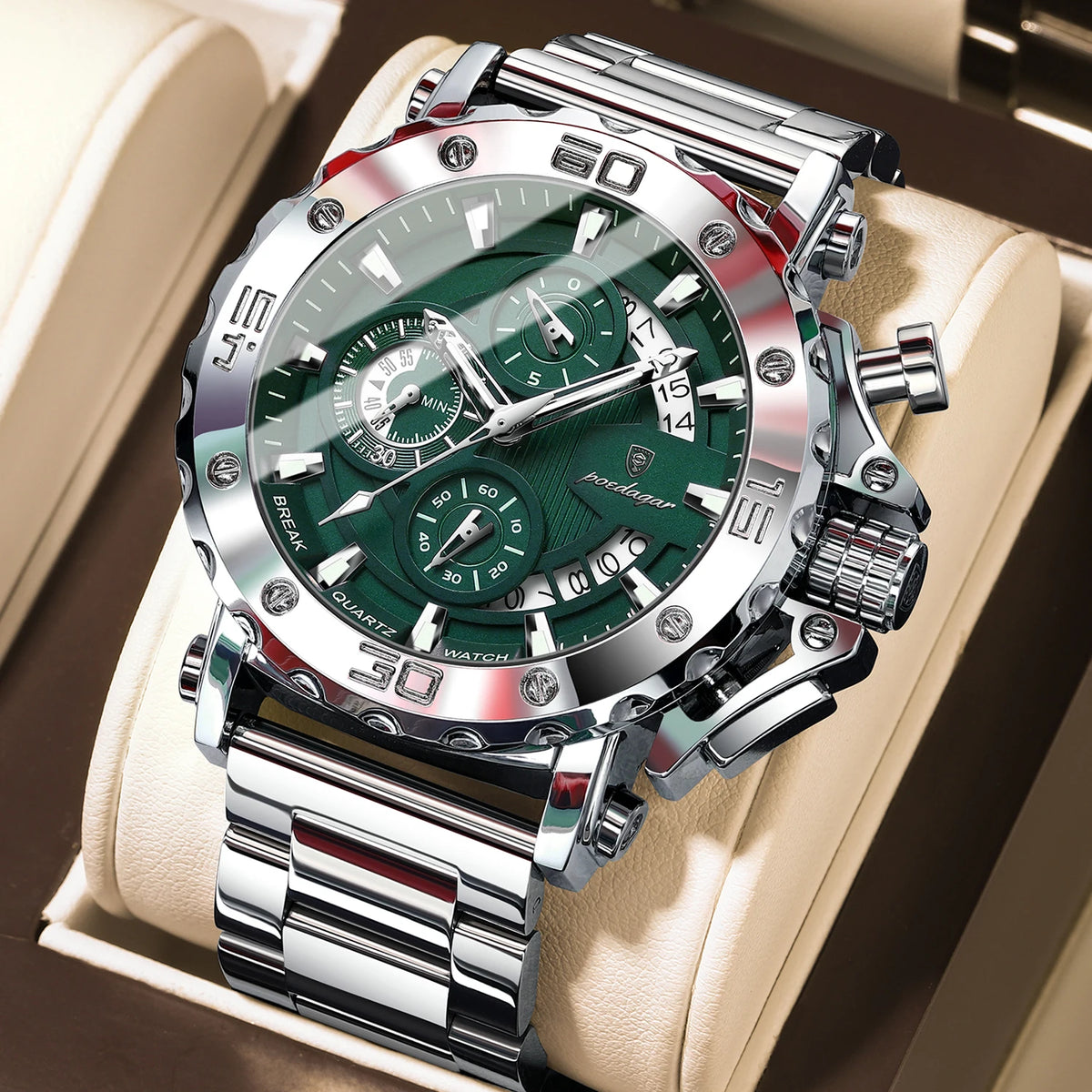 Luxusné pánske hodinky POEDAGAR, svietiace, vodotesné, chronograf, dátum, nerezová oceľ, quartz, Reloj