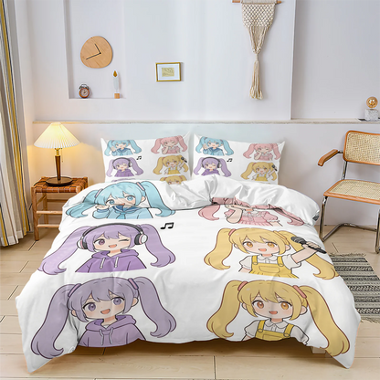 Σετ κάλυμμα παπλώματος Hatsune Miku σε στυλ Chibi – Χαριτωμένα κλινοσκεπάσματα anime με μαξιλαροθήκες – Διακόσμηση υπνοδωματίου για εφήβους και παιδιά – Δώρο για τους θαυμαστές