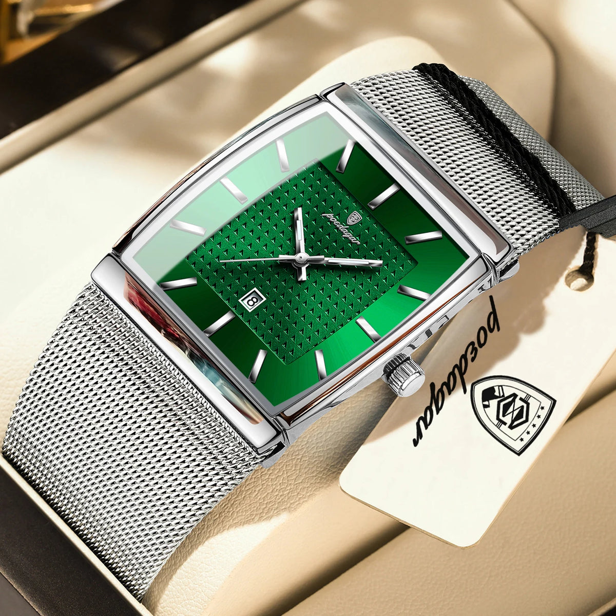 POEDAGAR men’s watch, luxury model, stainless steel mesh strap, date display, water-resistant, luminescent hands, casual style, rectangular case, quartz movement.