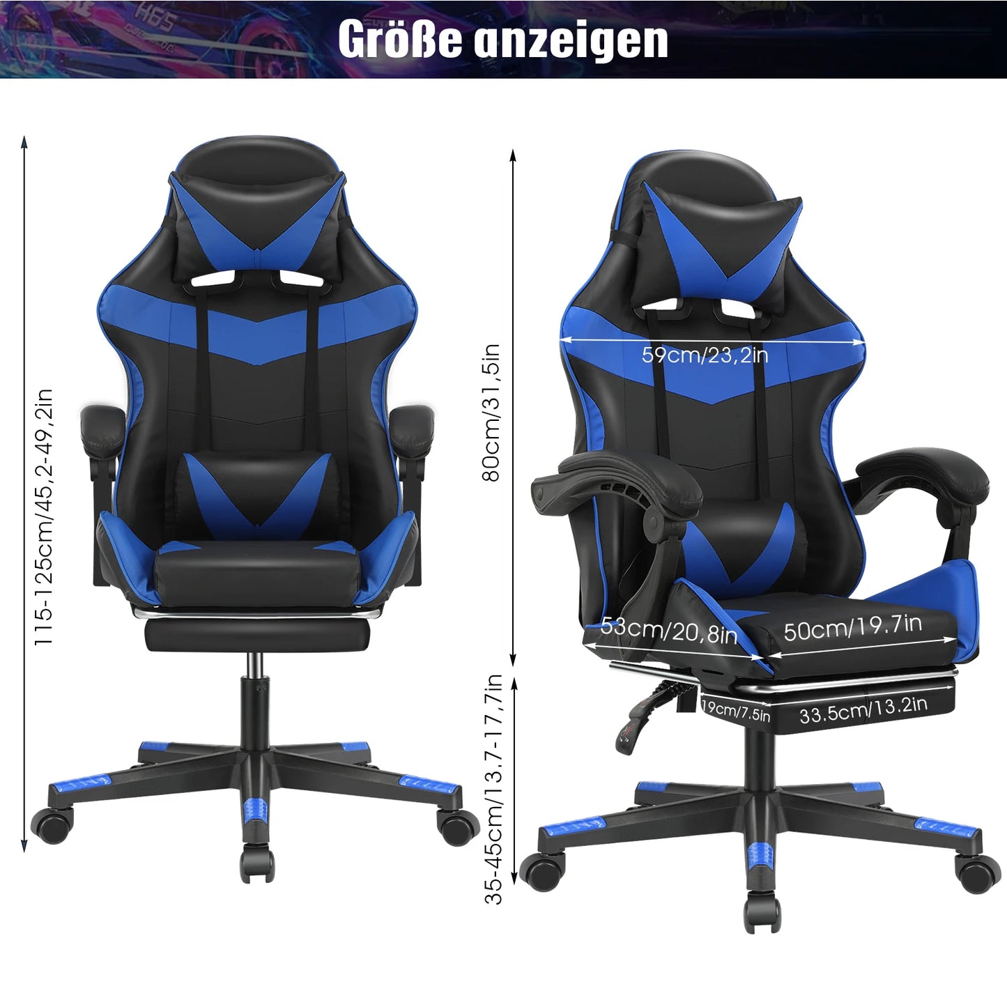 Gaming Massage Chair, Computer Chair + Footrest and Lumbar Support, Height Adjustable Gaming Chair + 360°-Swivel Seat + Headrest