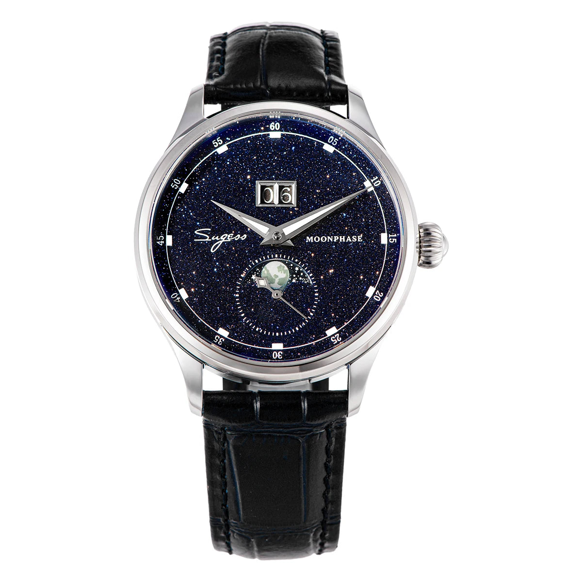 Sugess Moonphase Watch of Men 40mm Automatic Mechanical Wristwatches Origin ST2528 Movement Stainless Steel Blue Sandstone Dials