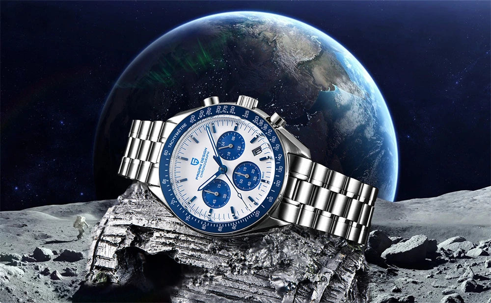 Montre pour homme PAGANI DESIGN « New Moon » – Montre à quartz de luxe, chronographe, verre saphir avec traitement antireflet, lunette en céramique, aiguilles luminescentes