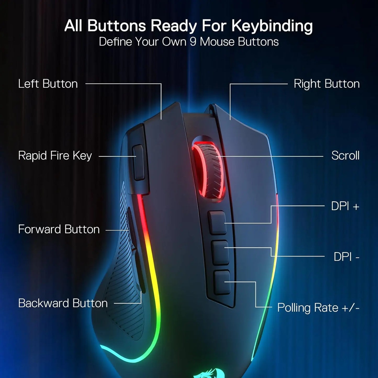 Redragon M612 PRO BT & 2.4 RGB Gaming Mouse, 8000 DPI Wired/Wireless Optical Gamer Mice, 11 Programmable Buttons & 6 Backlit Modes