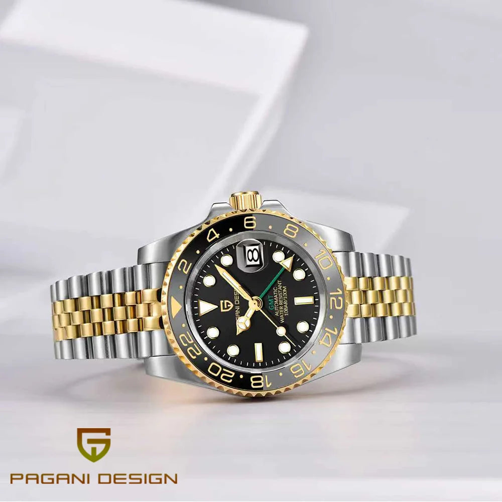Механичен мъжки часовник Pagani Design GMT – Луксозен модел със сапфирен кристал, корпус от неръждаема стомана и керамична рамка – Автоматичен мъжки часовник, професионален стил