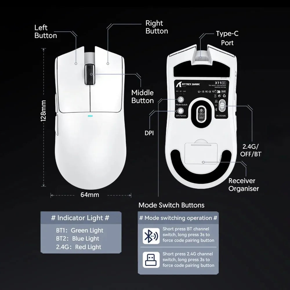 ATTACK SHARK X11SE Ultra-Light Wireless Gaming Mouse, 20 Million Cycles Life, PAW3311 Gaming, 22K DPI, 400 IPS, 40G, 1KHz, 65 Hours, 30mAH