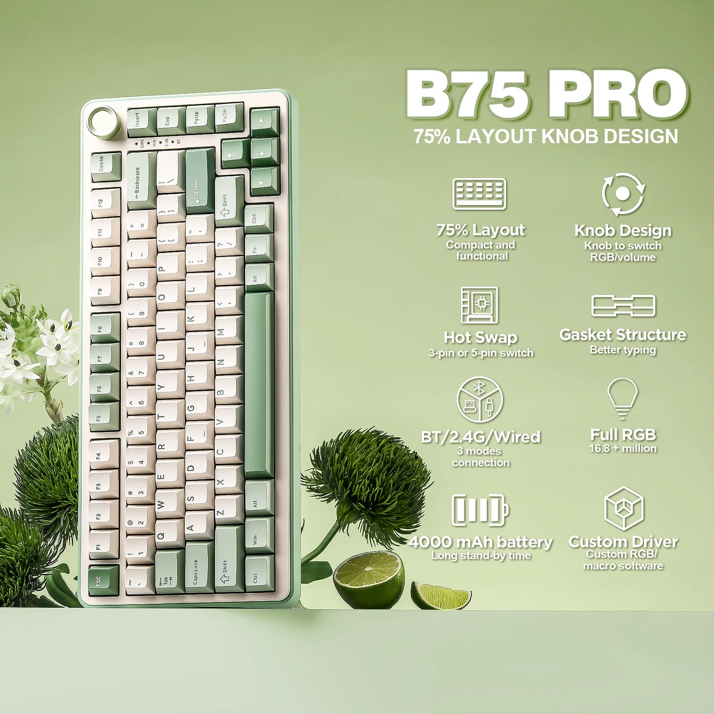 YUNZII B75 PRO Green Mechanical Gaming Keyboard, Gasket 75 Knob RGB Keyboard, BT/Wired/Wireless  Hot-Swap Custom Creamy Keyboard