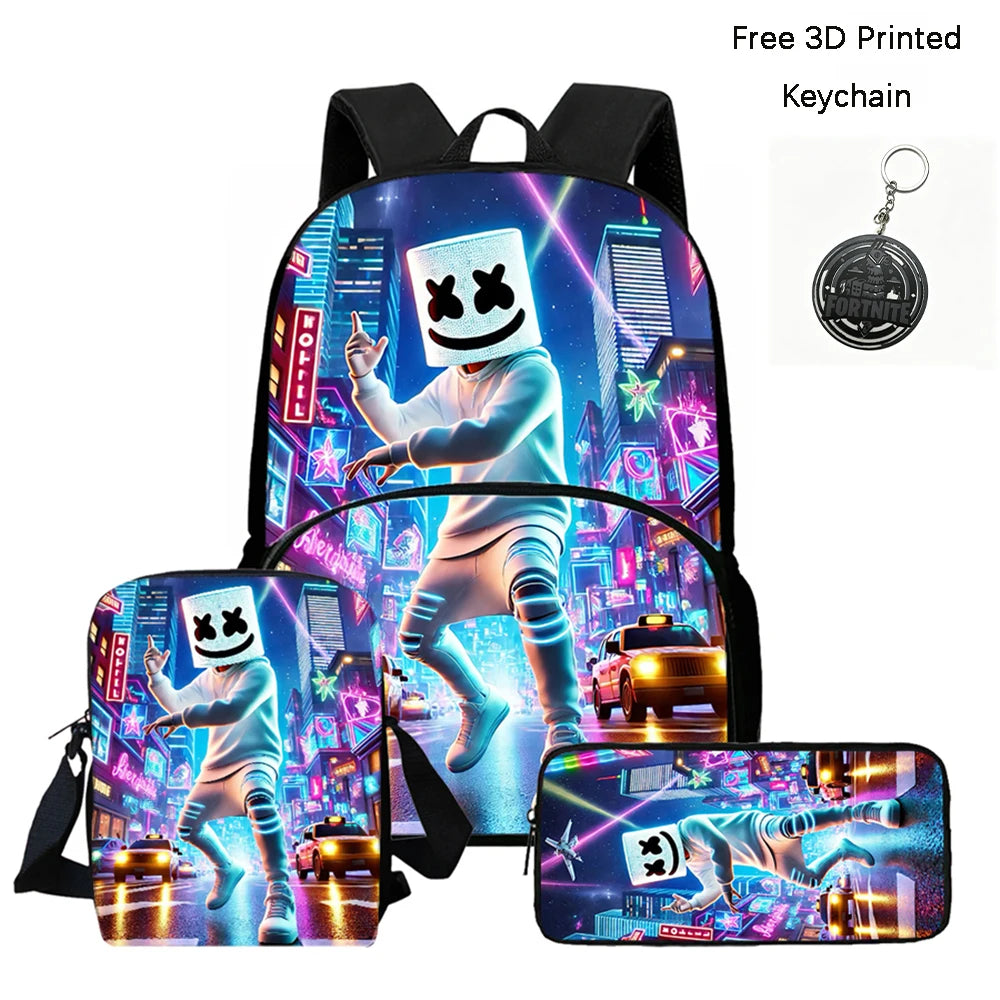 FORTNITE 3Pcs School Backpack Set,Front Pocket Bag Crossbody Pencil Case,Age5-10 Boys Girls Lightweight,Free 3D Printed Keychain
