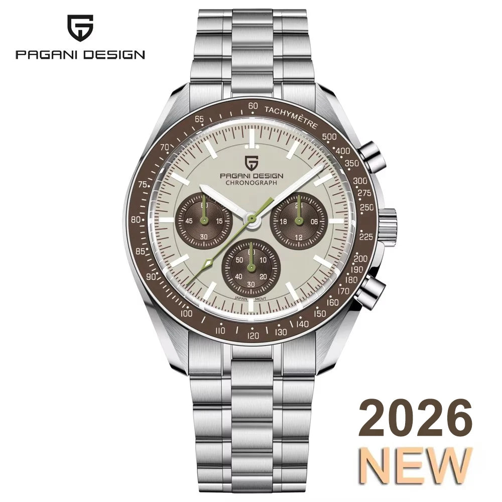 Montre pour homme PAGANI DESIGN « New Moon » – Montre à quartz de luxe, chronographe, verre saphir avec traitement antireflet, lunette en céramique, aiguilles luminescentes
