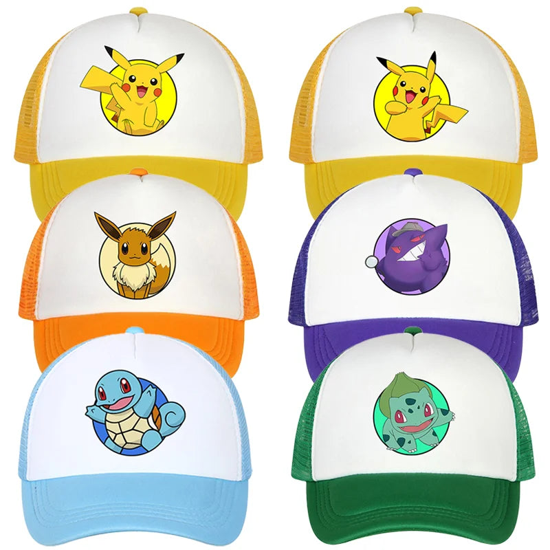 Pokemons Baseball Cap Cartoon Anime Charmander Pikachu Squirtle Headwear Summer Adjustable Breathable Mesh Hats Birthday Gift