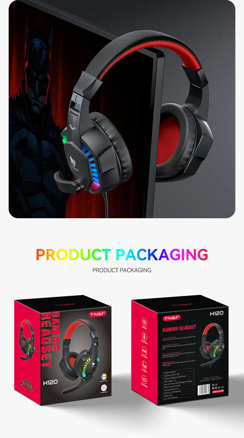 H120 RGB LED Light Wired Headphones USB 3.5mm Audio Interface Bass Stereo Sound Gaming Headsets with High Sensitivity Microphone