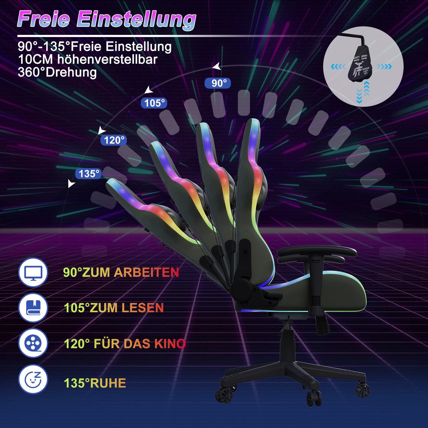 Fangange Gaming Chair with Massage Function, Adjustable backrest, Computer Chair, with ambient light, Lumbar Cushion, Pillow, 150 KG