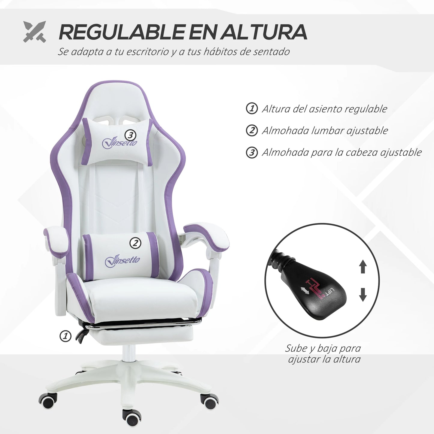 Vinsetto Gaming Chair PU Leather Gamer Chair Adjustable Height Reclining 135° Headrest and Footrest 65X65X121-129 cm White