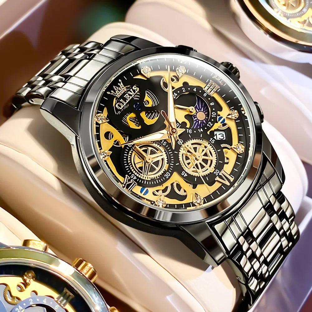 Montre pour homme OLEVS – Modèle de luxe, étanche, à quartz, style squelette, affichage 24 heures (jour/nuit), coloris doré
