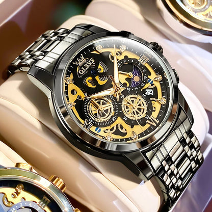 Montre pour homme OLEVS – Modèle de luxe, étanche, à quartz, style squelette, affichage 24 heures (jour/nuit), coloris doré