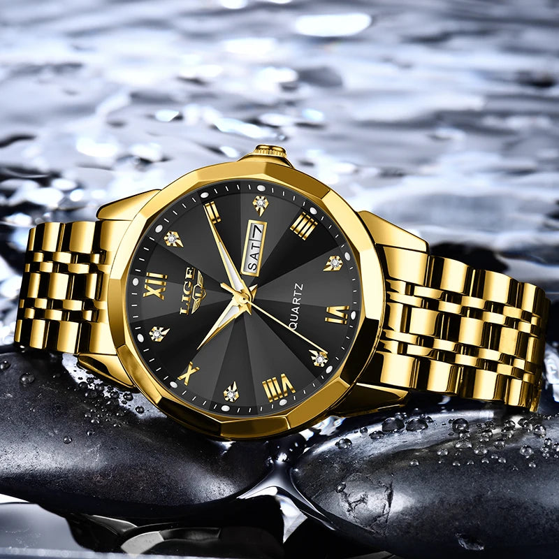 LIGE women’s quartz wristwatch – Elegant and luxurious, displaying the date and day of the week – A simple, water-resistant watch, ideal as a gift for women