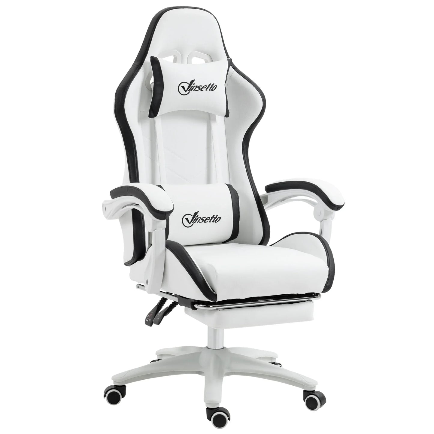 Leather Gaming Chair 135° Reclining with Retractable 360° Swivel Height Ergonomic White Contrast Edge Office Chair 120KG Capacity