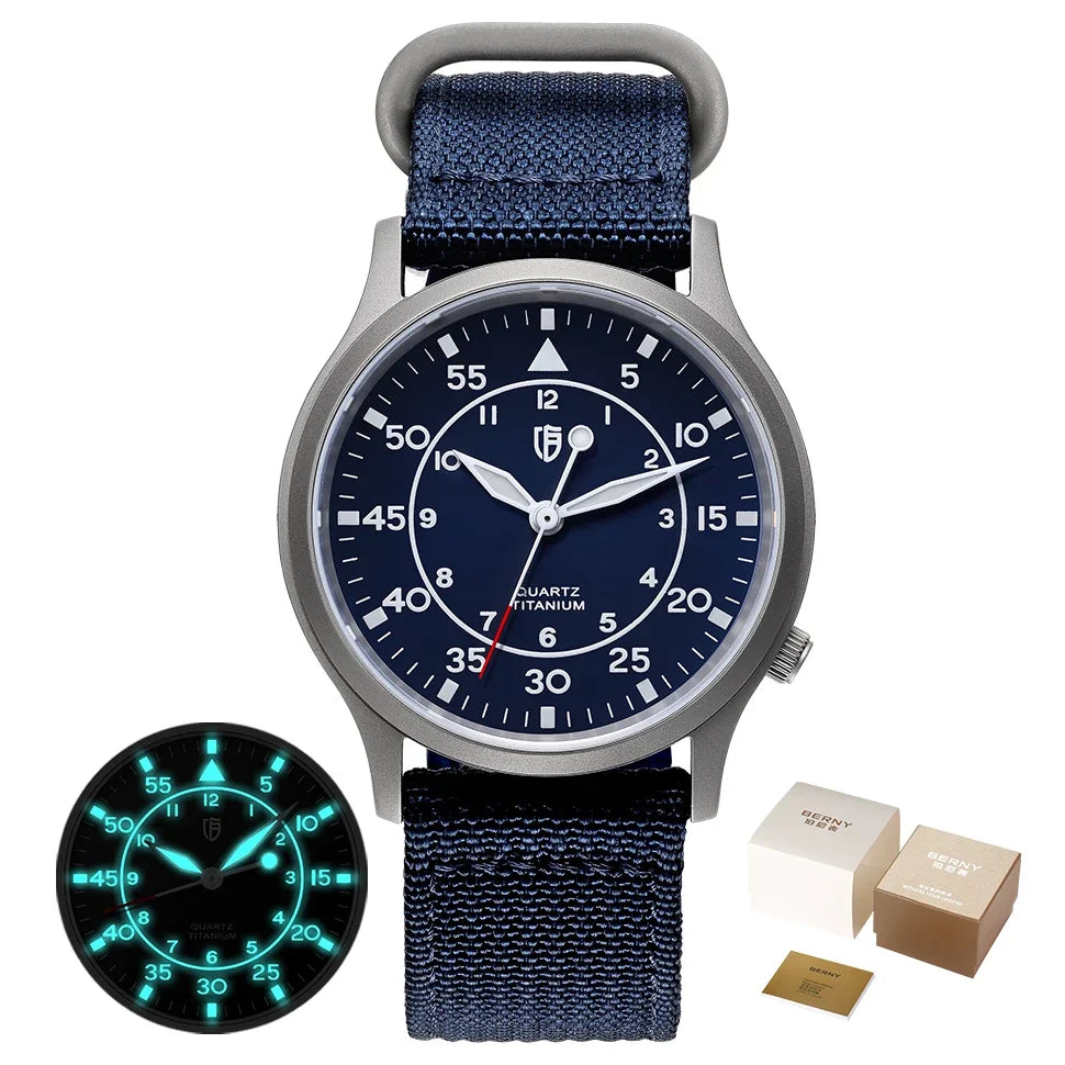 BERNY Titanium herenhorloge met kwartsmechanisme, AR-coating, saffierglas, modieus polshorloge, lichtgevend, VH31, ultradun polshorloge, waterdicht tot 5 ATM