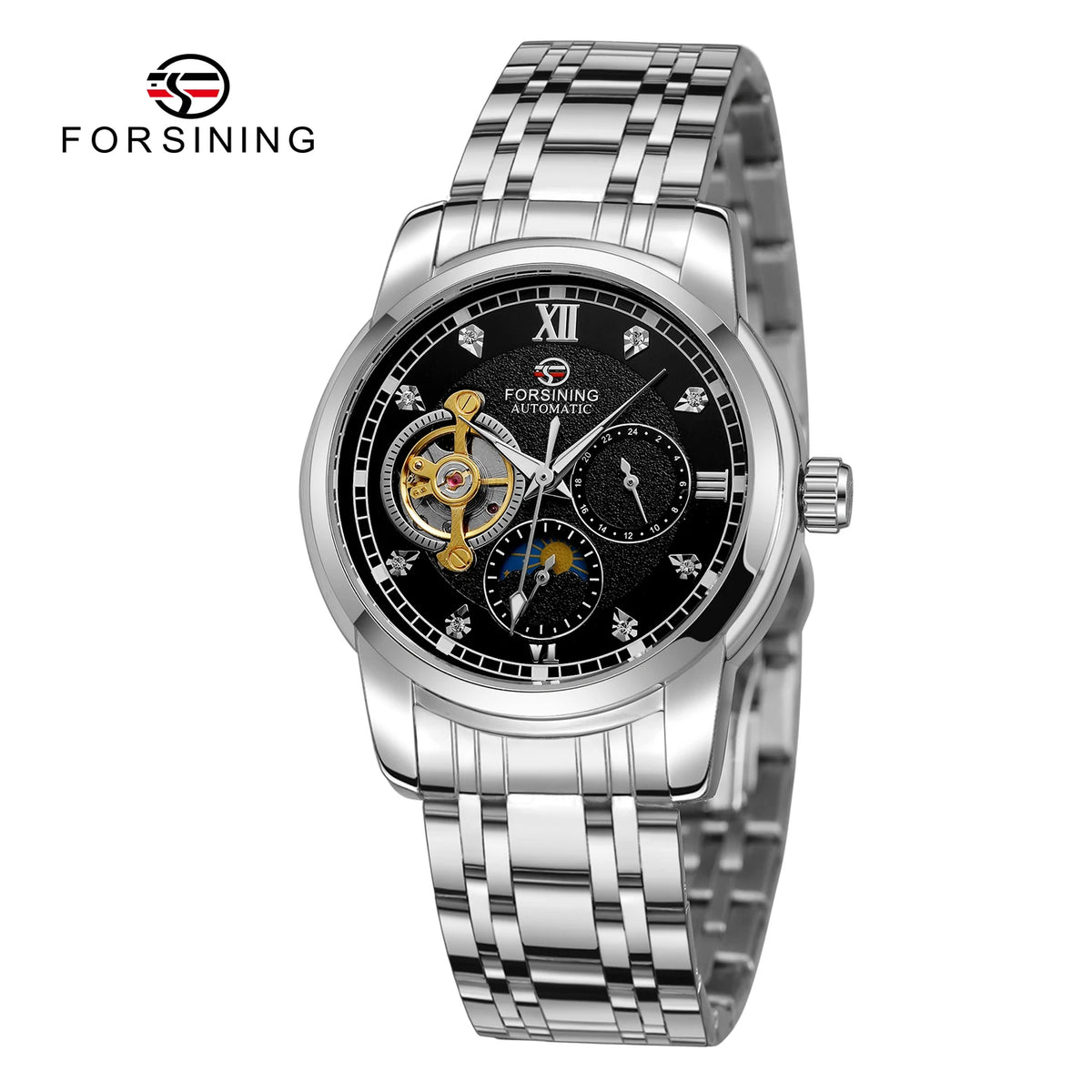 Forsining mekanisk automatisk herrklocka – Lyxig, affärsmässig och trendig stil, metallarmband, tourbillon, självlysande visare, prydd med syntetiska diamanter
