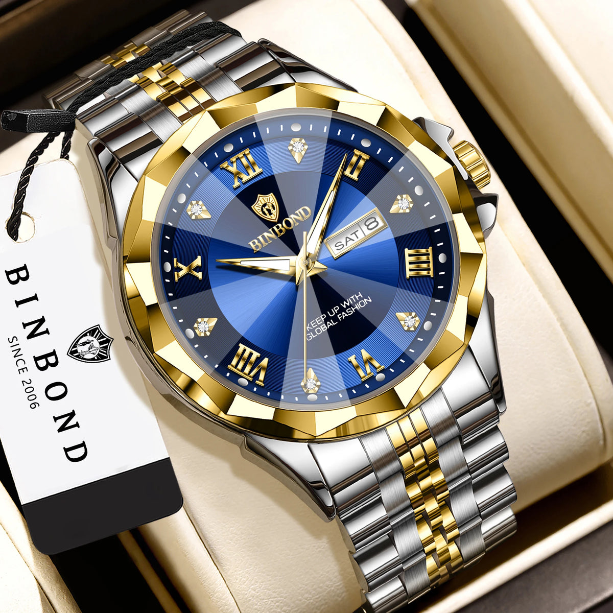 Orologio al quarzo da uomo BINBOND – Orologio da polso di lusso, luminescente e impermeabile, con indicazione del giorno della settimana e data automatica.