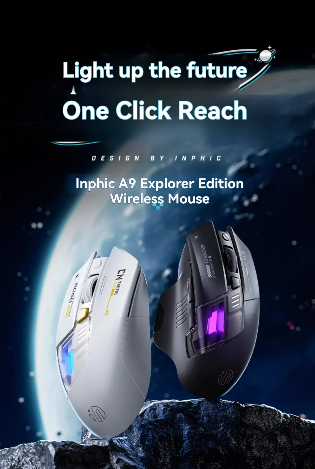 Inphic A9 Pro Three-mode Game Mouse Colorful Light Guide Pillar Power Indicator DPI Adjustable Macro-driver Ergonomics 12800DPI