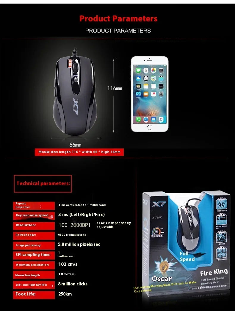 A4TECH Bloody X7-710K Wired Gaming Mouse 2000 DPI USB Gamer Mouse with Macro Programming for PC, Laptop & Esports