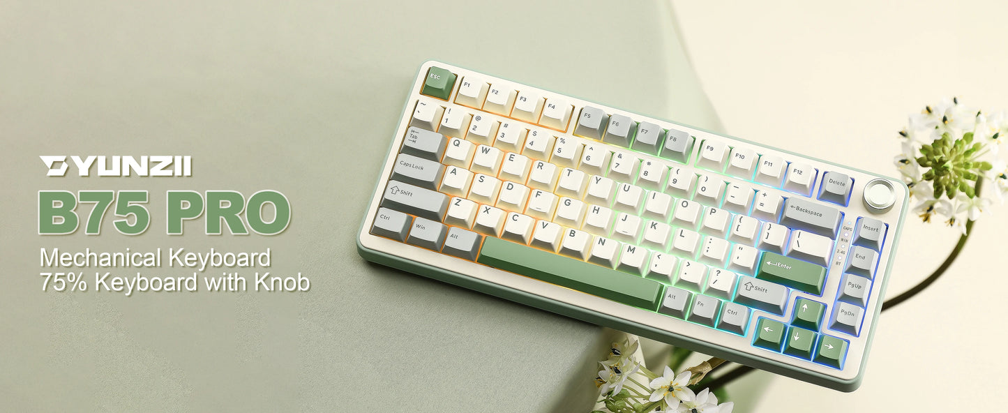 YUNZII B75 PRO Green Mechanical Gaming Keyboard, Gasket 75 Knob RGB Keyboard, BT/Wired/Wireless  Hot-Swap Custom Creamy Keyboard