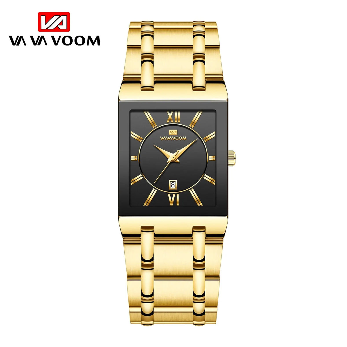 Men Business Watch Simple Design Luxury Fashion Rectangular Black Gold Stainless Steel Calendar Waterproof Quartz Men's Watches