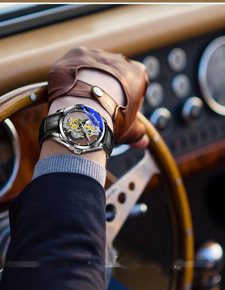 Montre tendance pour homme, modèle à double ouverture, style luxe doré, imitation tourbillon mécanique, mouvement à quartz.