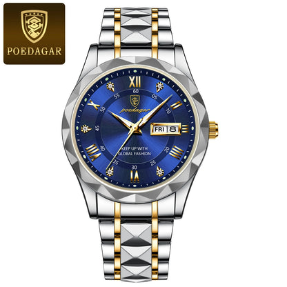 Męski zegarek POEDAGAR Business Luxury, wodoodporny, ze stali nierdzewnej, z podświetleniem, z datownikiem i wskaźnikiem dnia tygodnia, w stylu sportowym, na mechanizmie kwarcowym.