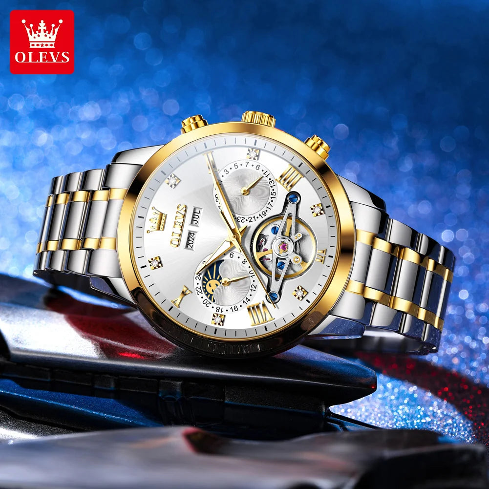 OLEVS Men's Watches - Moon Phase Hollow Flywheel Exclusive Original Automatic Mechanical Watches For Men Luxury Man Watch New 7029