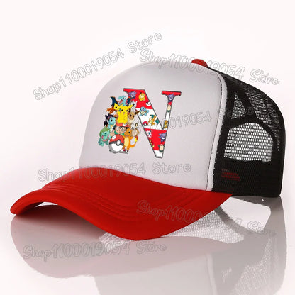 Pokemon Letter A-Z Unisex Baseball Cap Cartoon Anime Pikachu Sun Protection Mesh Sunhat Men Women Summer Outdoor Travel Peak Cap