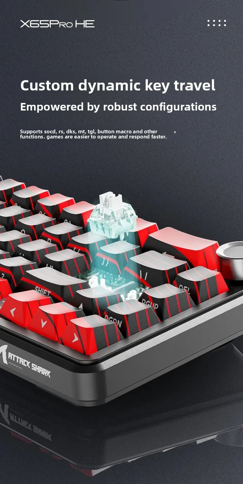 Tastiera gaming wireless Attack Shark X65 PRO HE con switch magnetici, 8K RT 0.001mm, incisione laterale, Bluetooth, per Windows, Mac e PC