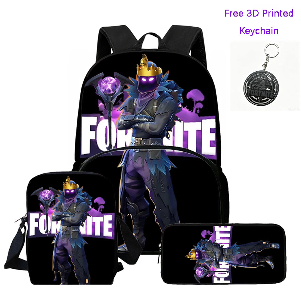 FORTNITE 3Pcs Lightweight Backpack With Front Pocket,Crossbody Bag&Pencil Case For Age 5-10 Boys Girls,Free 3D Printed Keychain