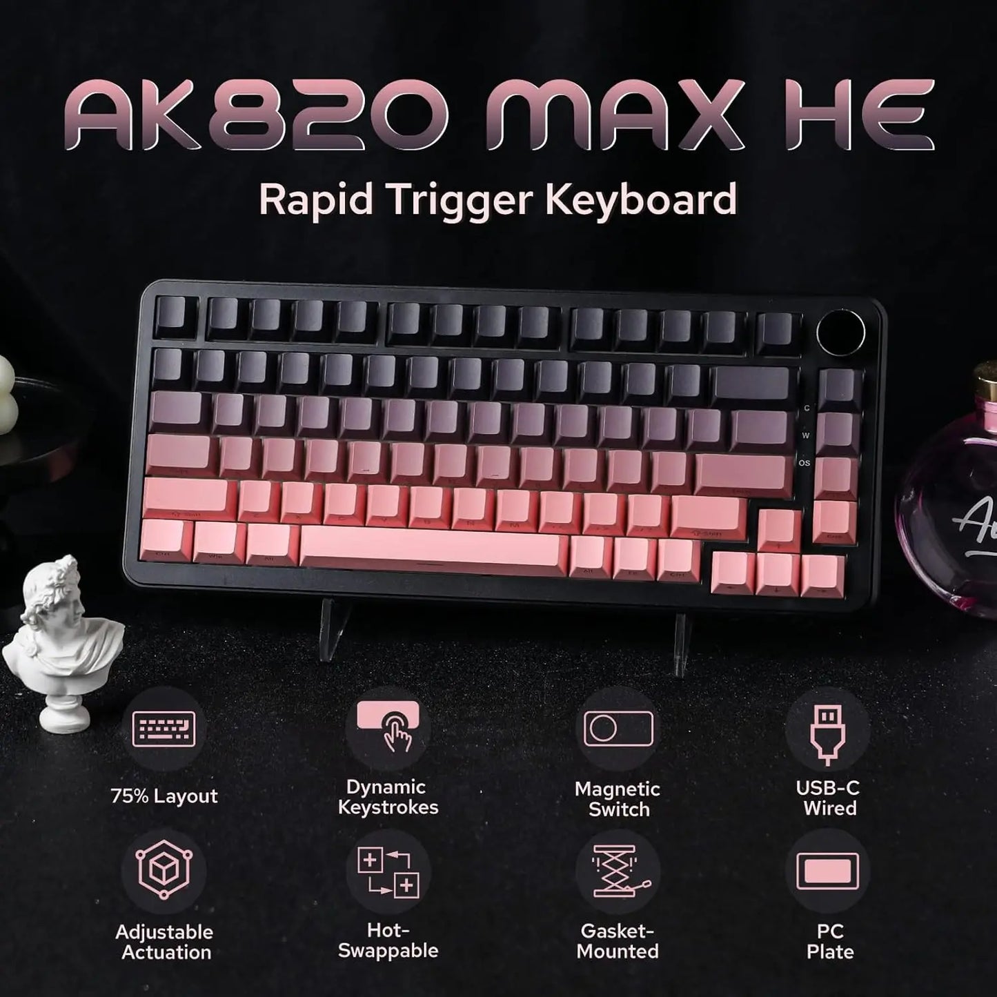 AJAZZ AK820 MAX Magnetic Switch Mechanical Gaming Keyboard, Wired 75% RGB Gasket Mechanical Keyboard with Type-C, Hot-Swappable PBT Keycaps, 8000Hz Polling Rate