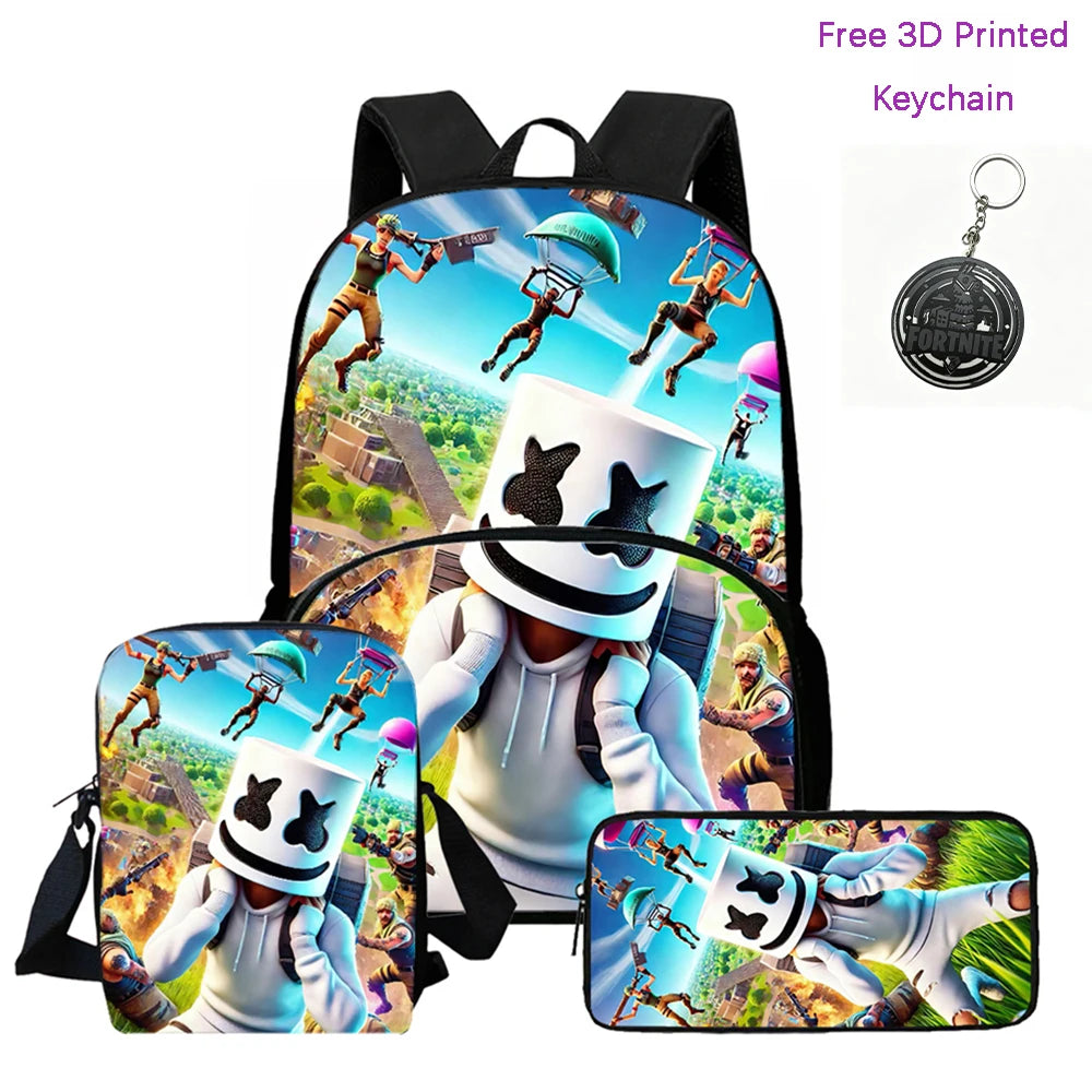 FORTNITE 3Pcs Lightweight Backpack With Front Pocket,Crossbody Bag&Pencil Case For Age 5-10 Boys Girls,Free 3D Printed Keychain